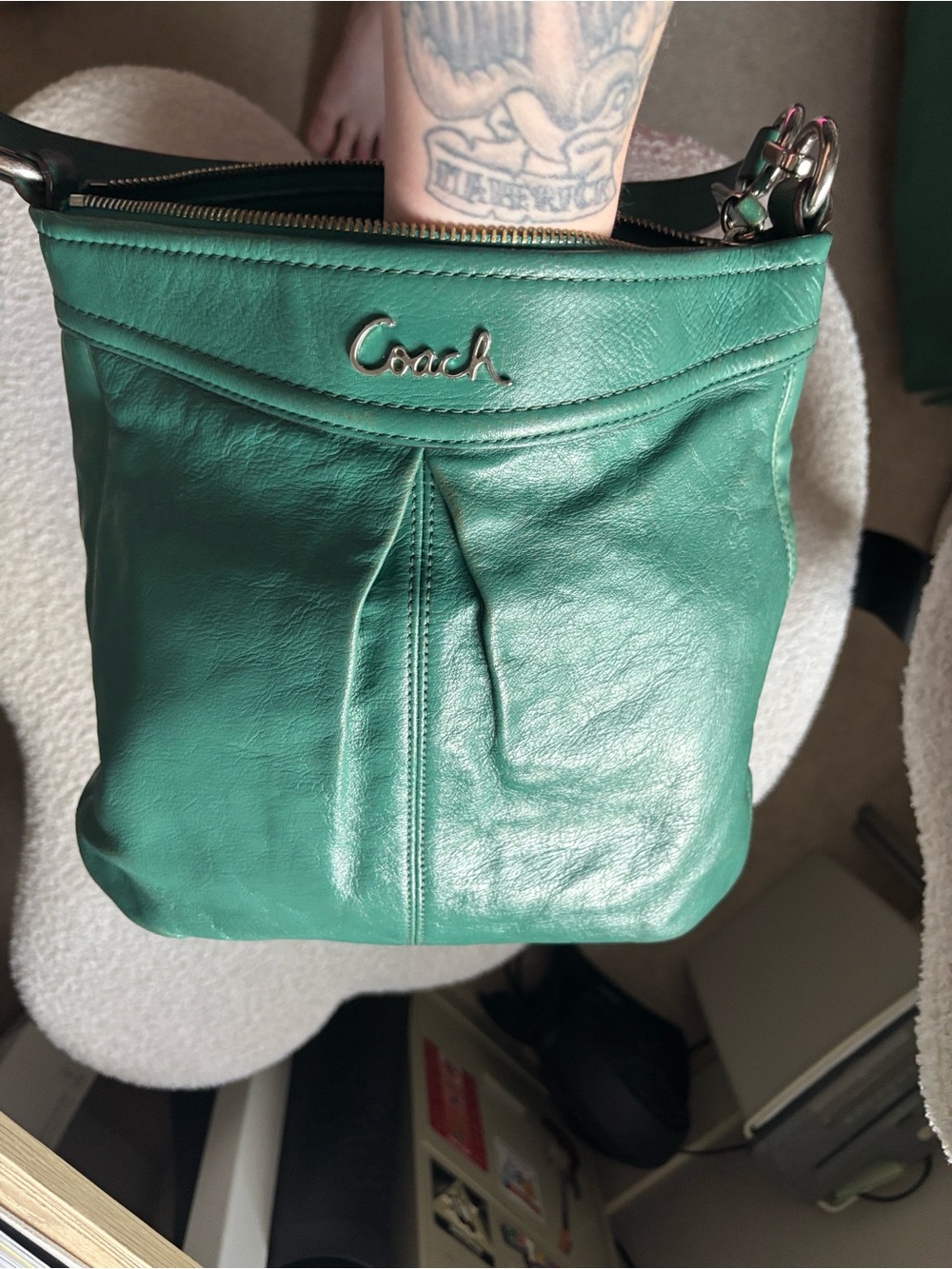 Coach Legacy Leather Crossbody Hobo Bag Green Teal Silver Hardware Zip Authentic